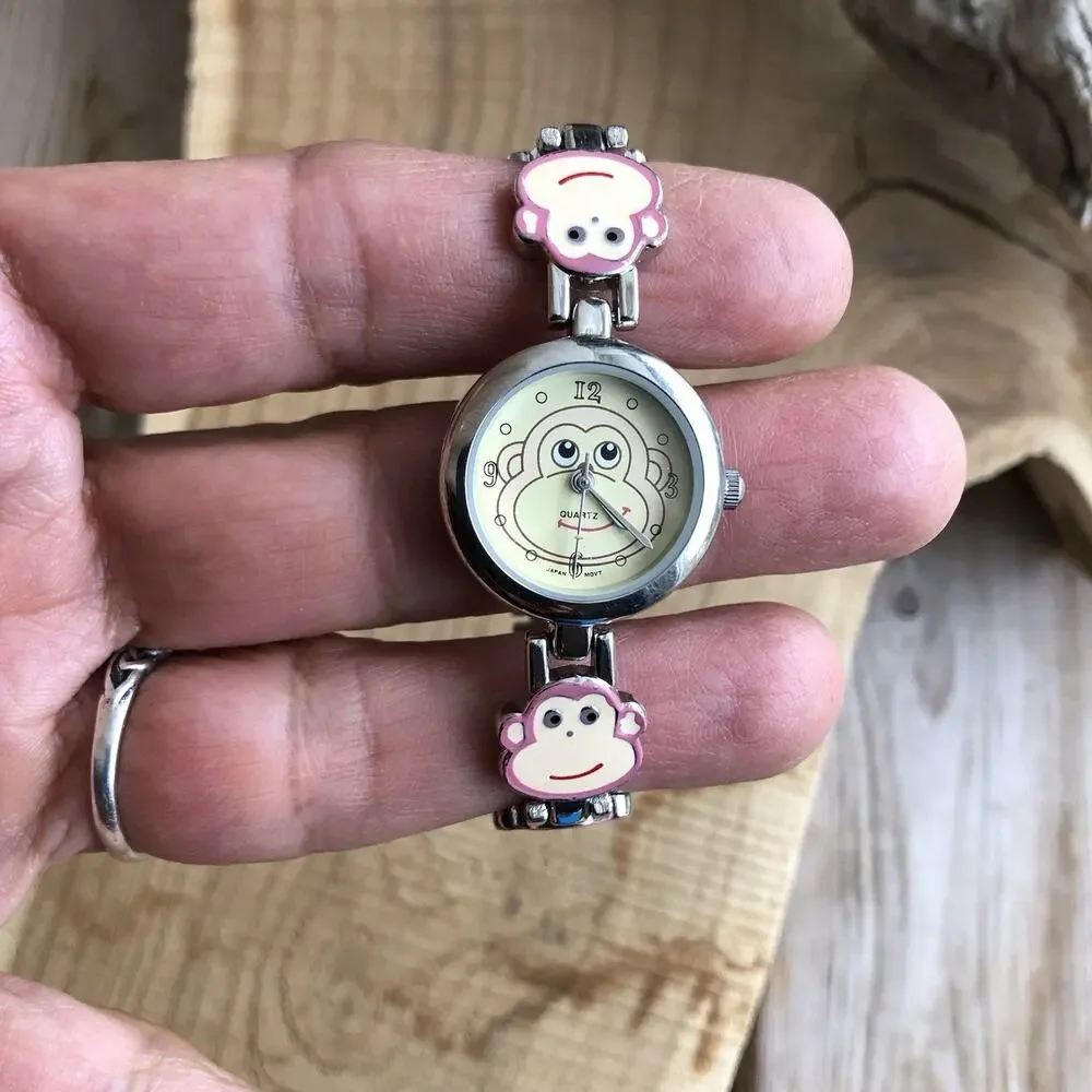 Pink Monkey Face Watch Bracelet Quartz‎ Girls Kids Enameled Metal Retro Cute